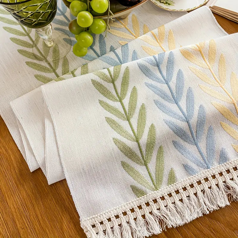 Floral Embroidered Table Runner - White Polyester with Tassels