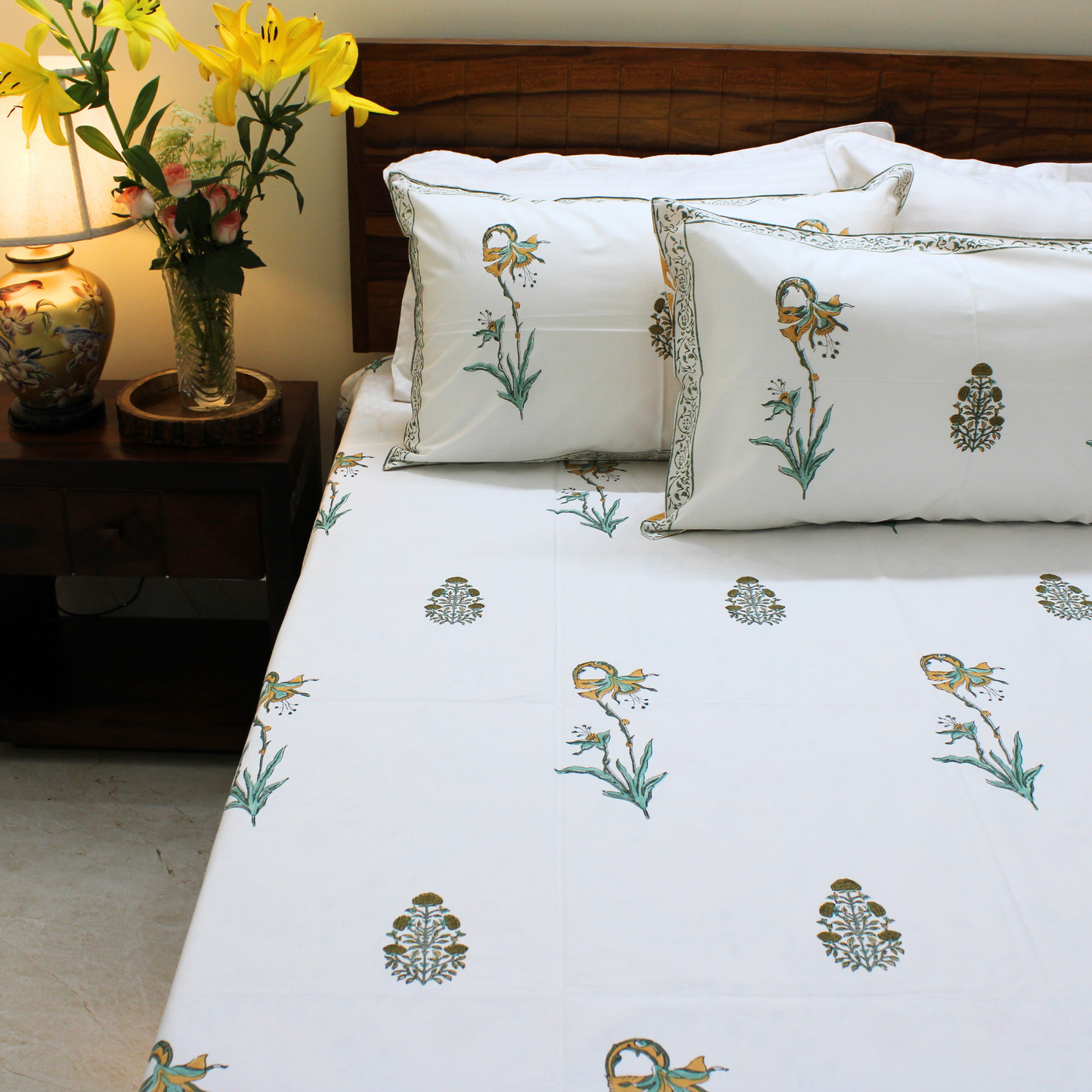 Bedsheet | Cotton Handblock-Printed Garden Floral | Set of 3