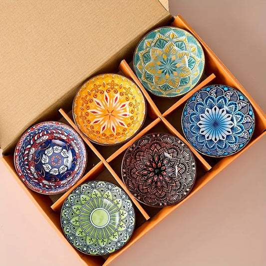Bohemian Ceramic Bowls Set - 6pc Porcelain Soup Salad Gift