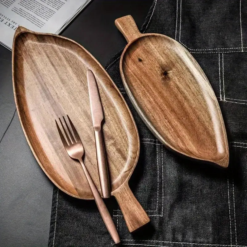 Acacia Wood Leaf Tray with Handle – Rustic Serving Plate for Breakfast & Dessert