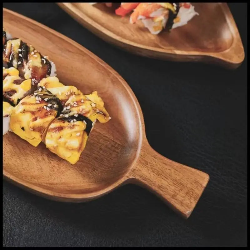 Acacia Wood Leaf Tray with Handle – Rustic Serving Plate for Breakfast & Dessert