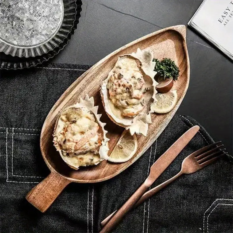 Acacia Wood Leaf Tray with Handle – Rustic Serving Plate for Breakfast & Dessert