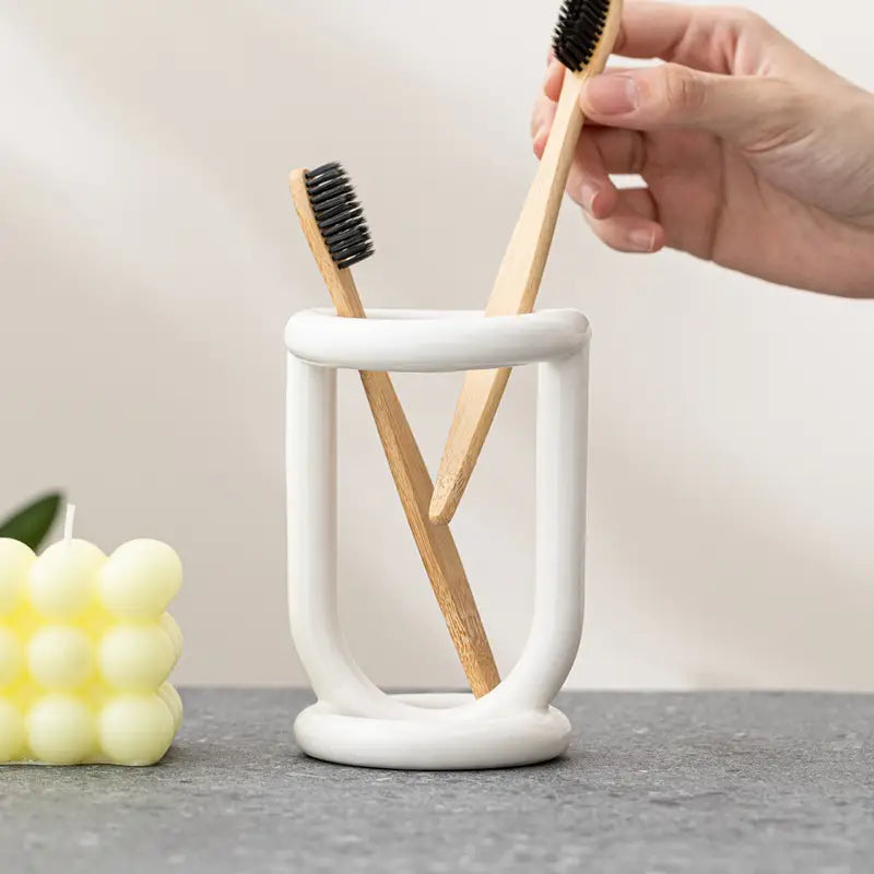 Ceramic Toothbrush Holder - Freestanding Organizer Toothpaste Brush Storage