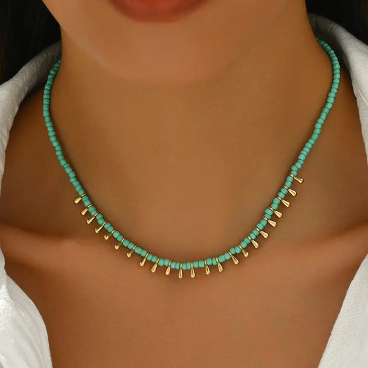 Bohemian Style Beaded Necklace with Drop Bead Collar Chain