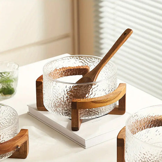 2PCS Glass Fruit Bowls with Wooden Base – Elegant Salad & Snack Bowl Set