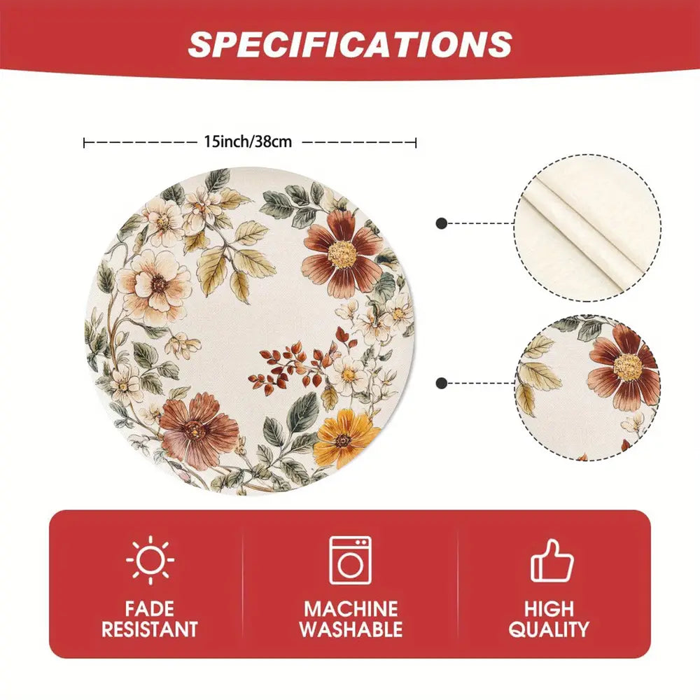 4pcs Set Yellow Floral Wreath Linen Placemats - 15" Round, Hand-Washable Table Mats for Dining & Kitchen Decor