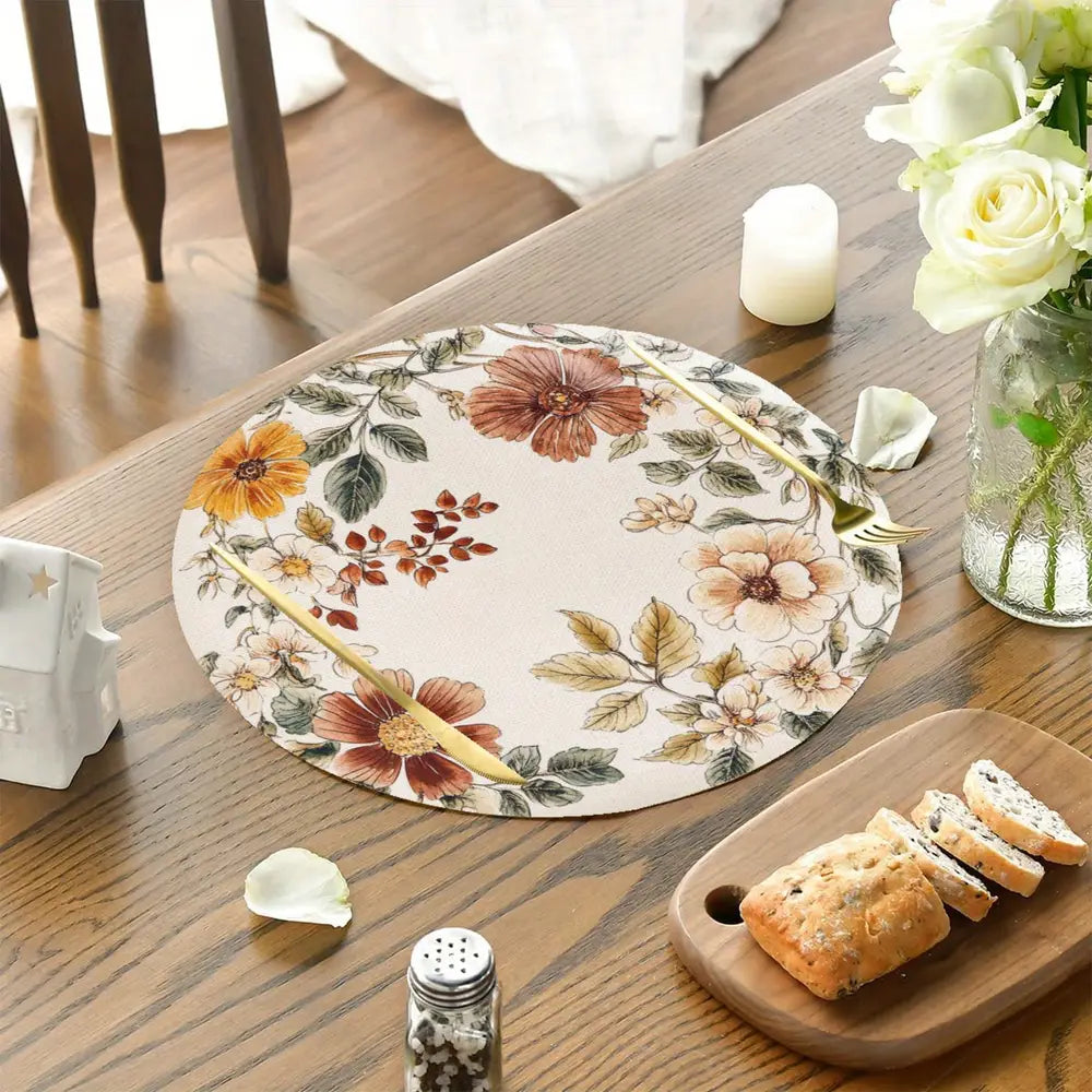 4pcs Set Yellow Floral Wreath Linen Placemats - 15" Round, Hand-Washable Table Mats for Dining & Kitchen Decor