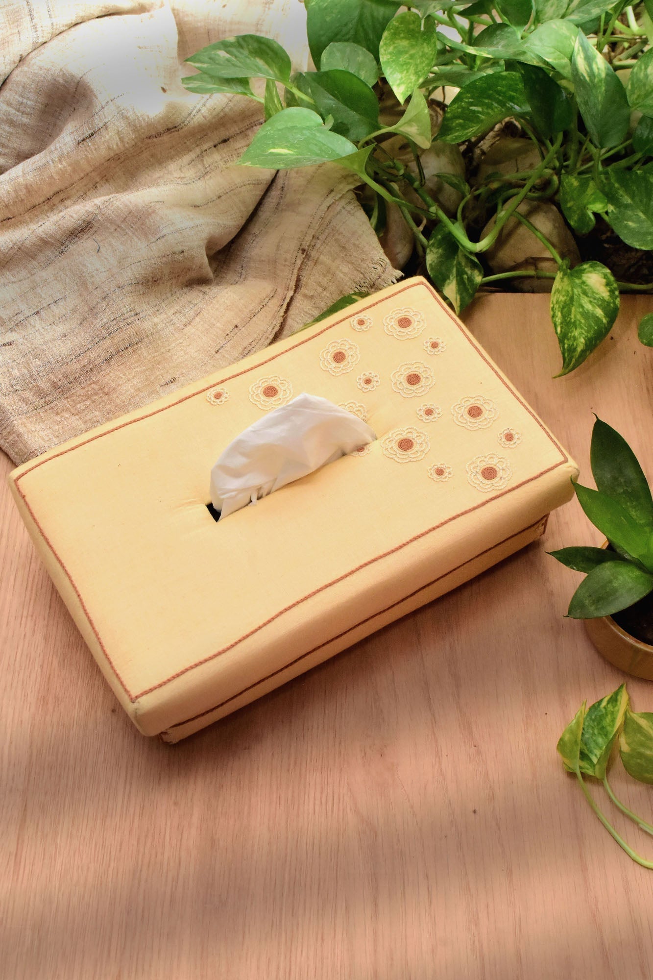 Hand Woven Cotton Tissue Box - Japanese Hand Embroidery