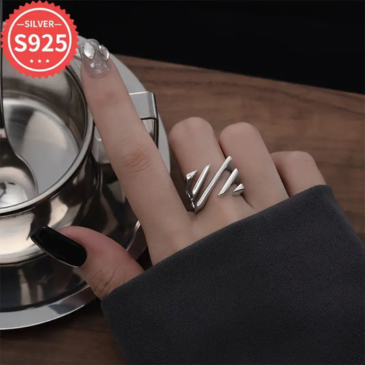 925 Silver Ring Geometric Hollow Stripe Band Fashion Jewelry