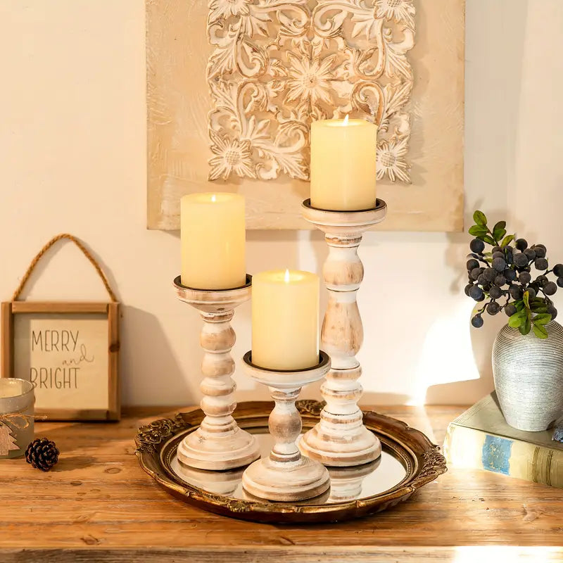 Rustic Wooden Candle Holders - Farmhouse Pillar Candle Stand Set