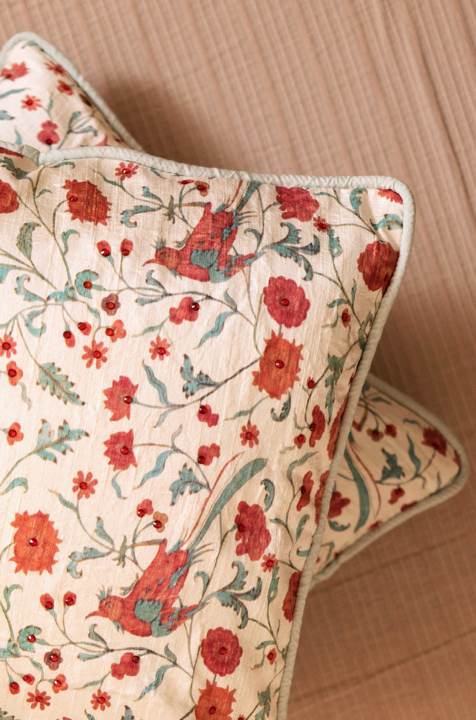Dupion Silk Cushion Cover With Beads - Mughal Garden Print