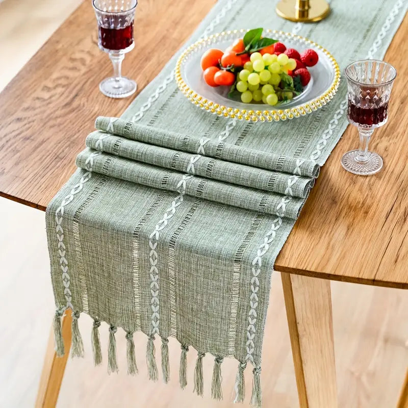 Rustic Boho Farmhouse Table Runner – Linen with Tassels, Handmade Embroidery