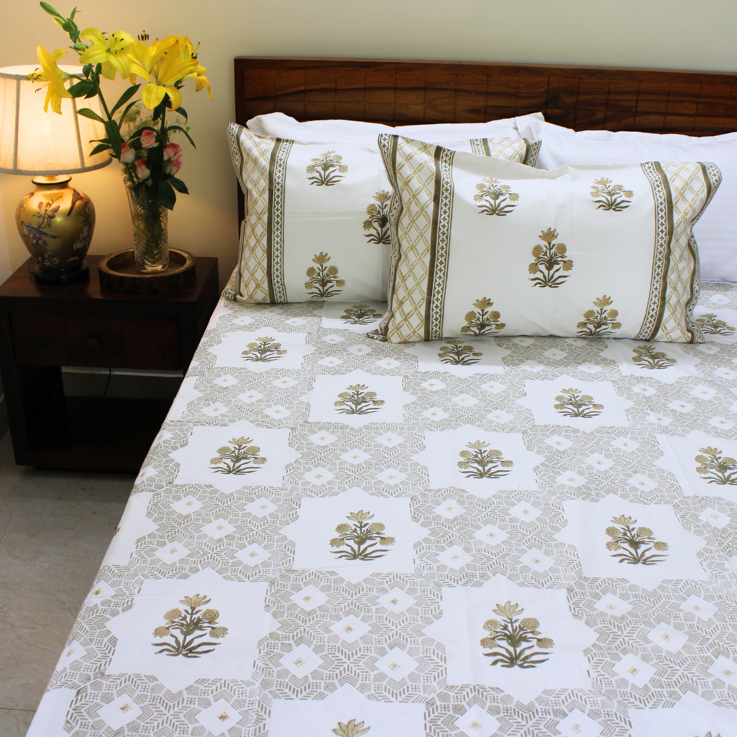 Bedsheet | Handblock Cotton Garden Print | Set of 3
