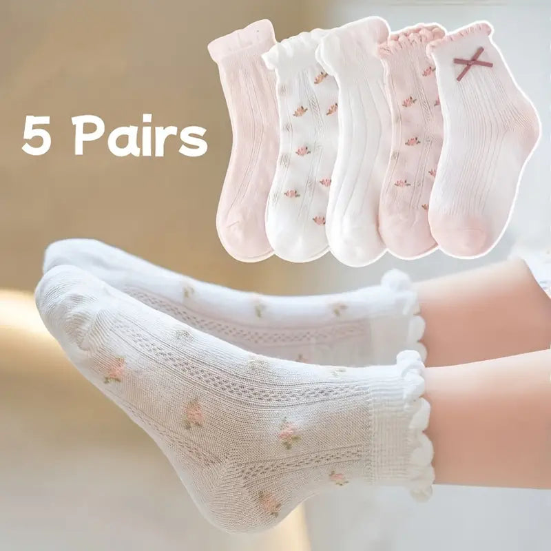 5 Pairs Cartoon Bowknot Socks | Breathable Mesh Crew Socks for Girls