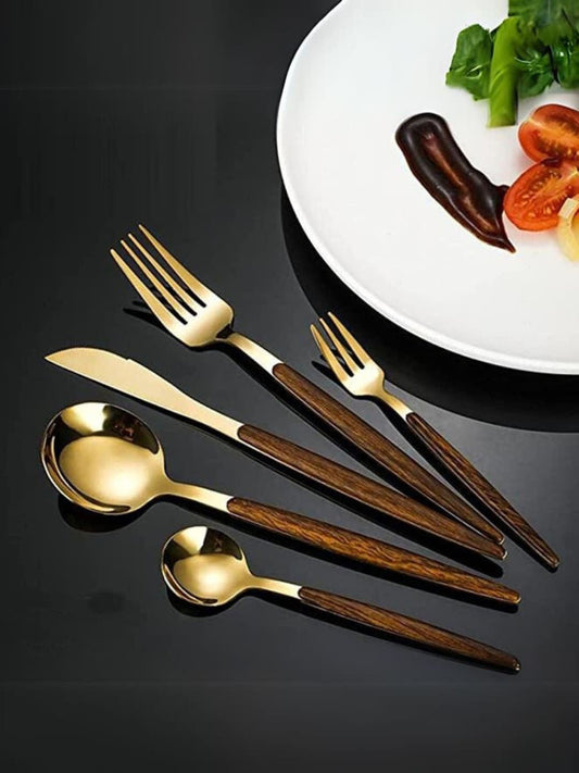 5 pcs Gold Toned & Brown Cutlery Set – Dining Utensil Set – Stainless Steel with Wooden Handle