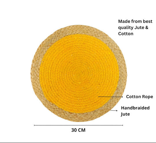 Set of 2- Dining Table Mats – Round Placemats – Jute Cotton Braided
