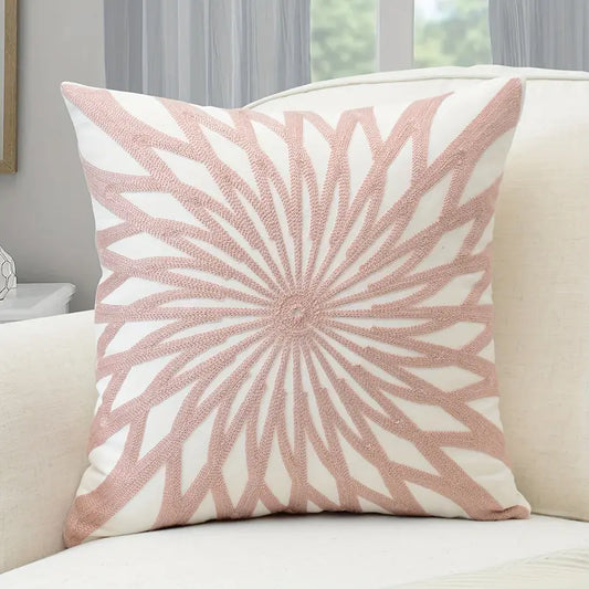 Pink Geometric Embroidered Throw Pillow Cover - Cotton, Washable