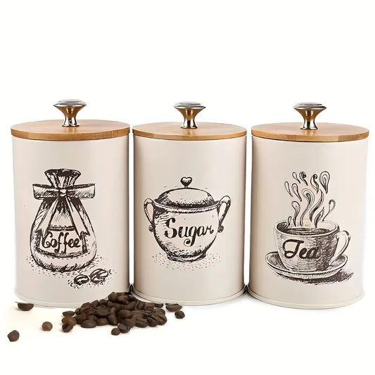 3PC Metal Canister Set – Coffee, Tea, Sugar Storage – Reusable with Lids