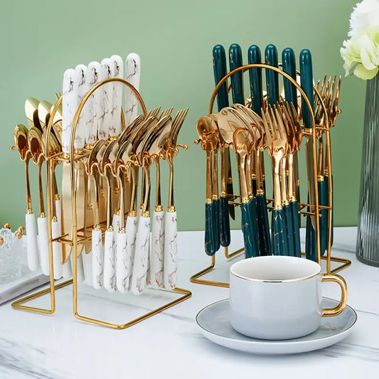 24-Piece Stainless Steel Marble Cutlery Set with Holder