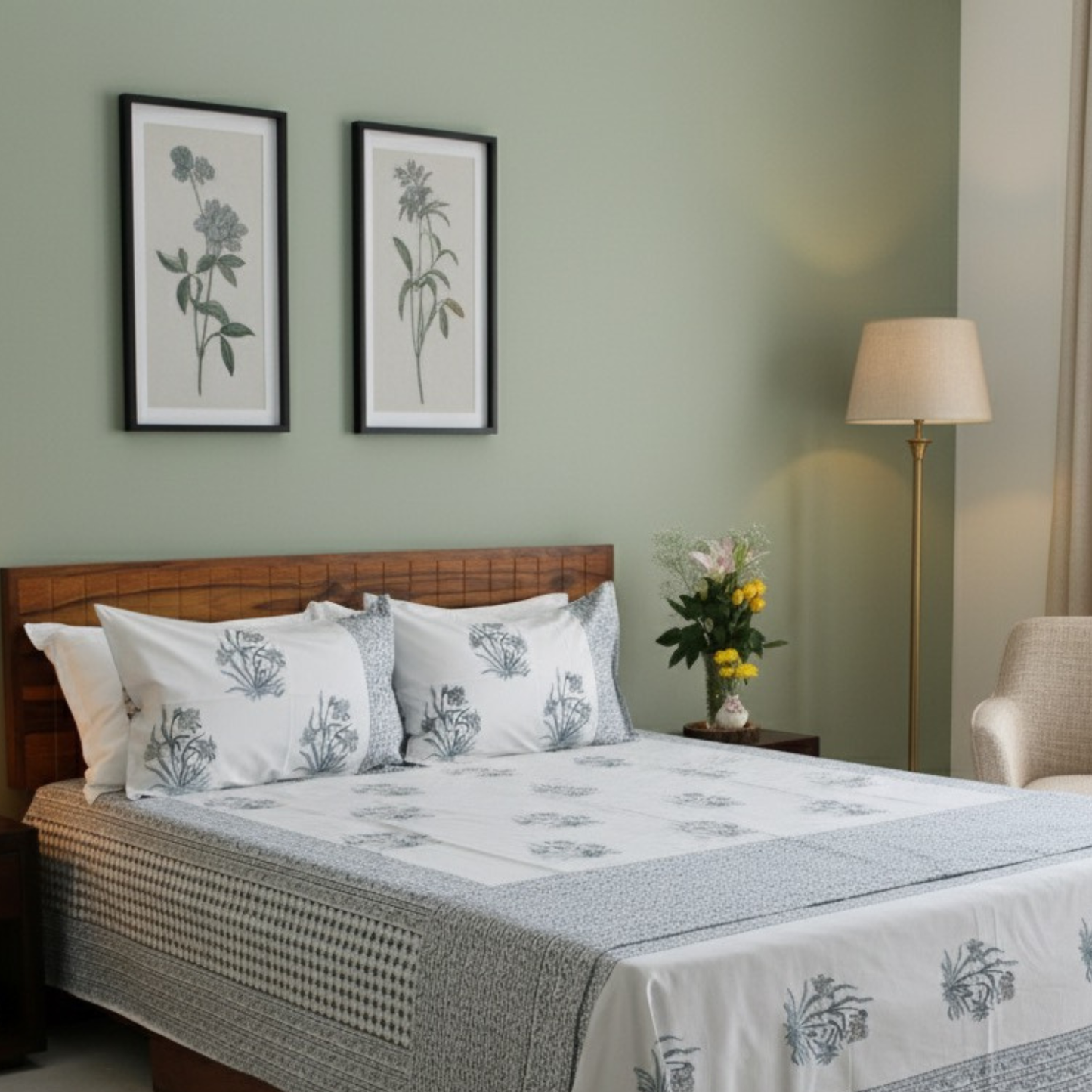 Bedsheet | Cotton Handblock Garden Floral | Set of 3
