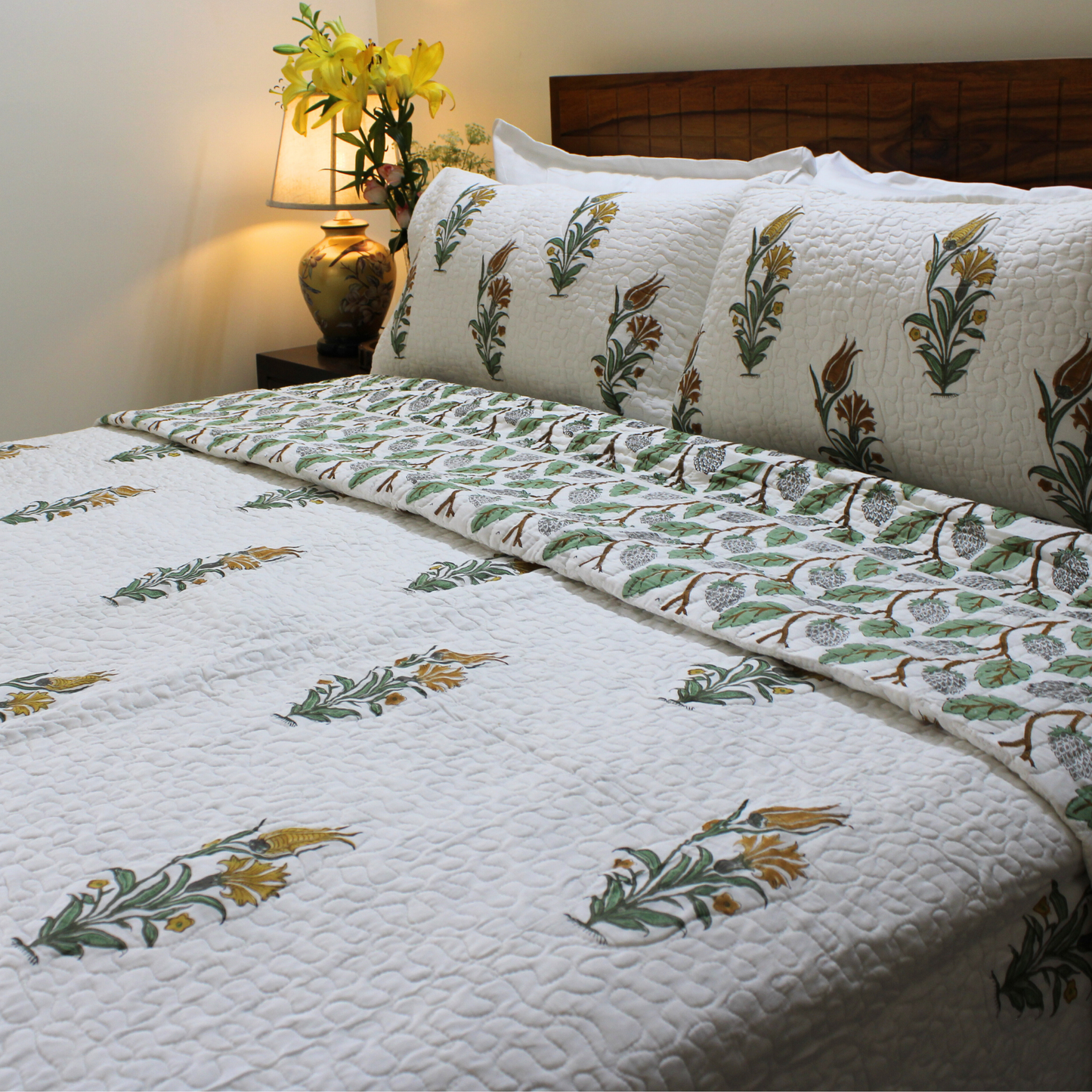 Bedsheet | Handblock Cotton Quilted | 3 Pc Set