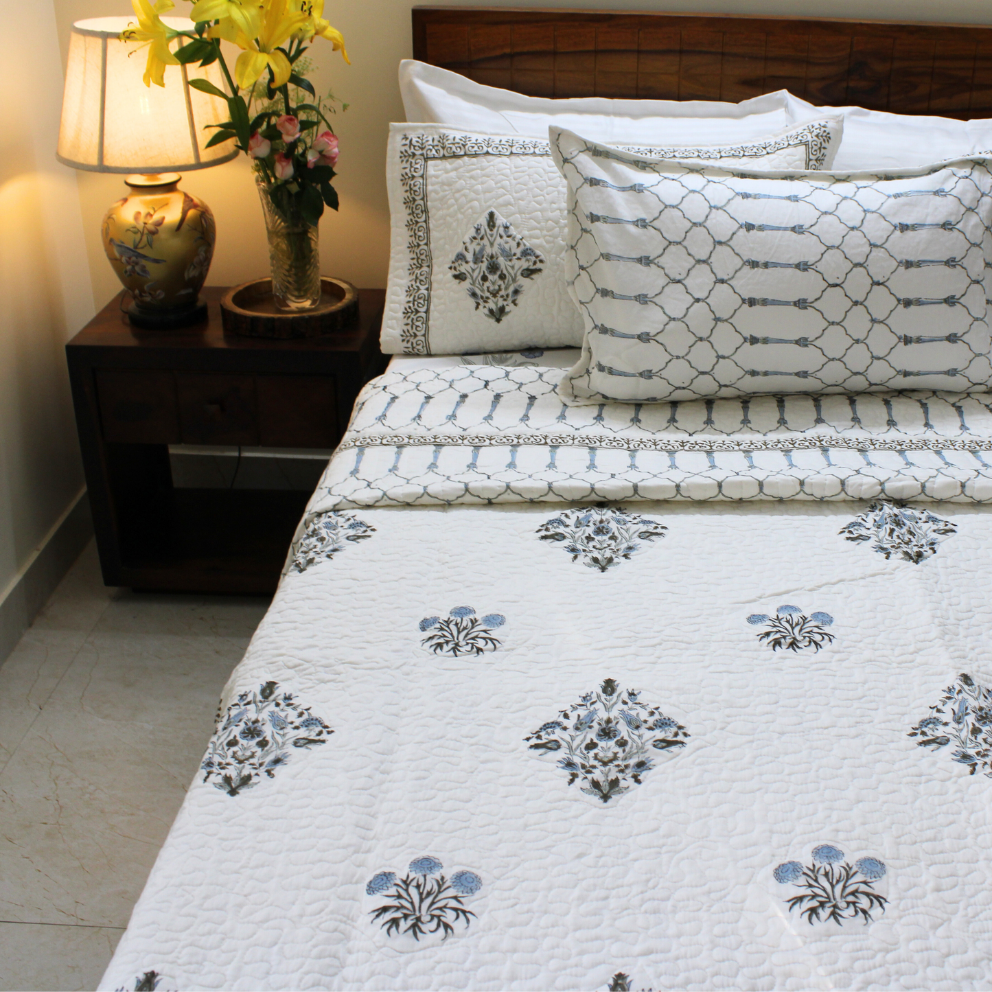 Bedsheet | Handblock Cotton Quilted | Set of 1 + 2 Pillow Covers