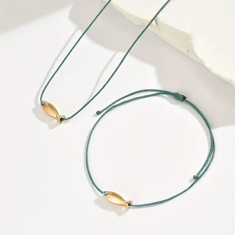 Bohemian Blue Pendant Necklace Bracelet Set - Beach Jewelry