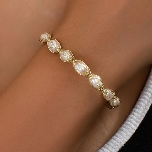 18K Gold Pearl Bracelet - Handwoven Chain Elegant Jewelry