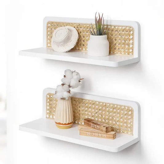 White Rattan Wall Shelf - Bohemian Modern Floating Shelf with Hooks