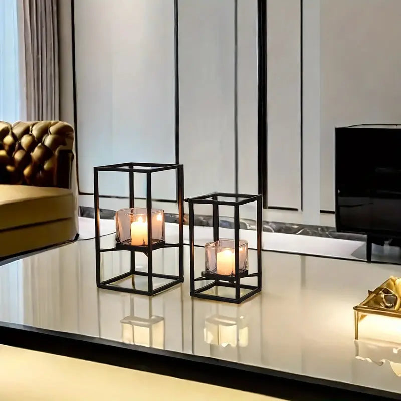 Black Iron Candle Holder - Windproof Glass, Home Decor Centerpiece