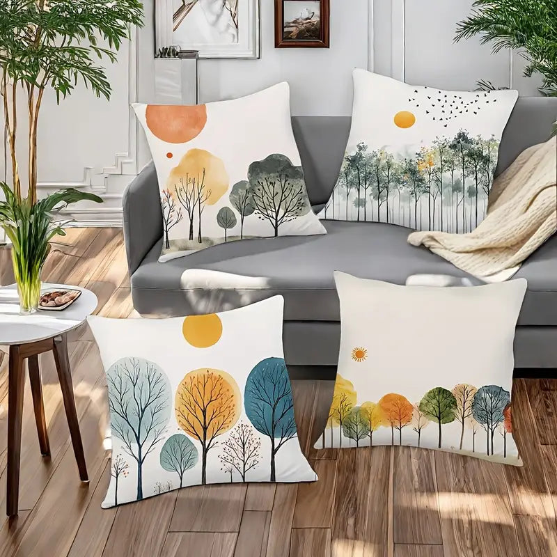 Watercolor Tree Sun Cushion Covers - 18x18 Pillow Cases - 4 Pack