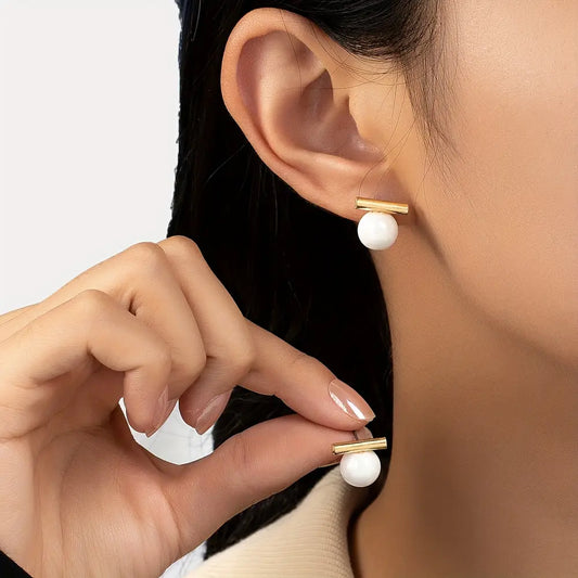 Golden Stick Faux Pearl Decor Dangle Earrings
