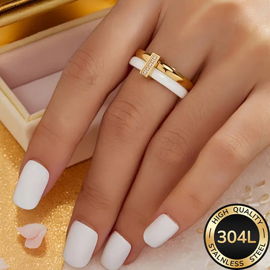 White Ceramic Ring Gold Plated CZ Wedding Band