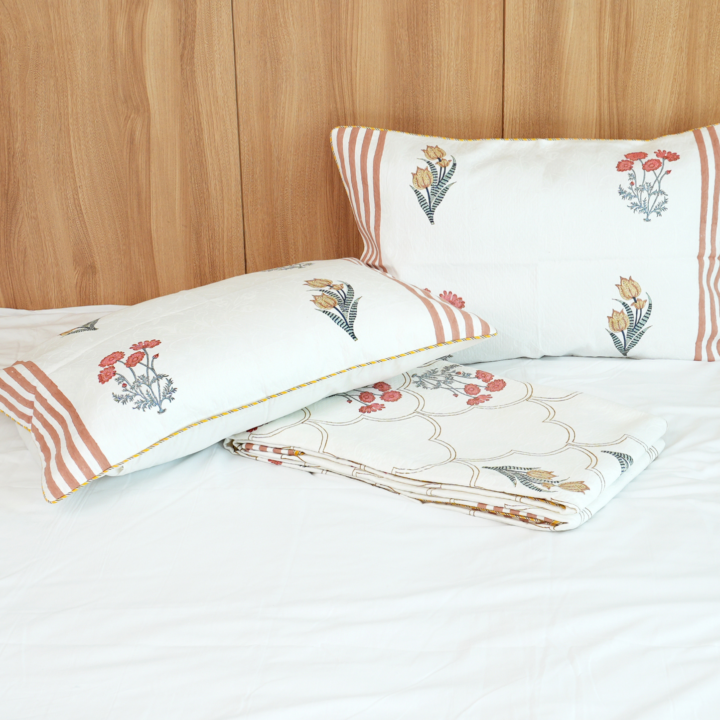 Bedsheet | Cotton Handblock Jaquard Quilted | Set of 3