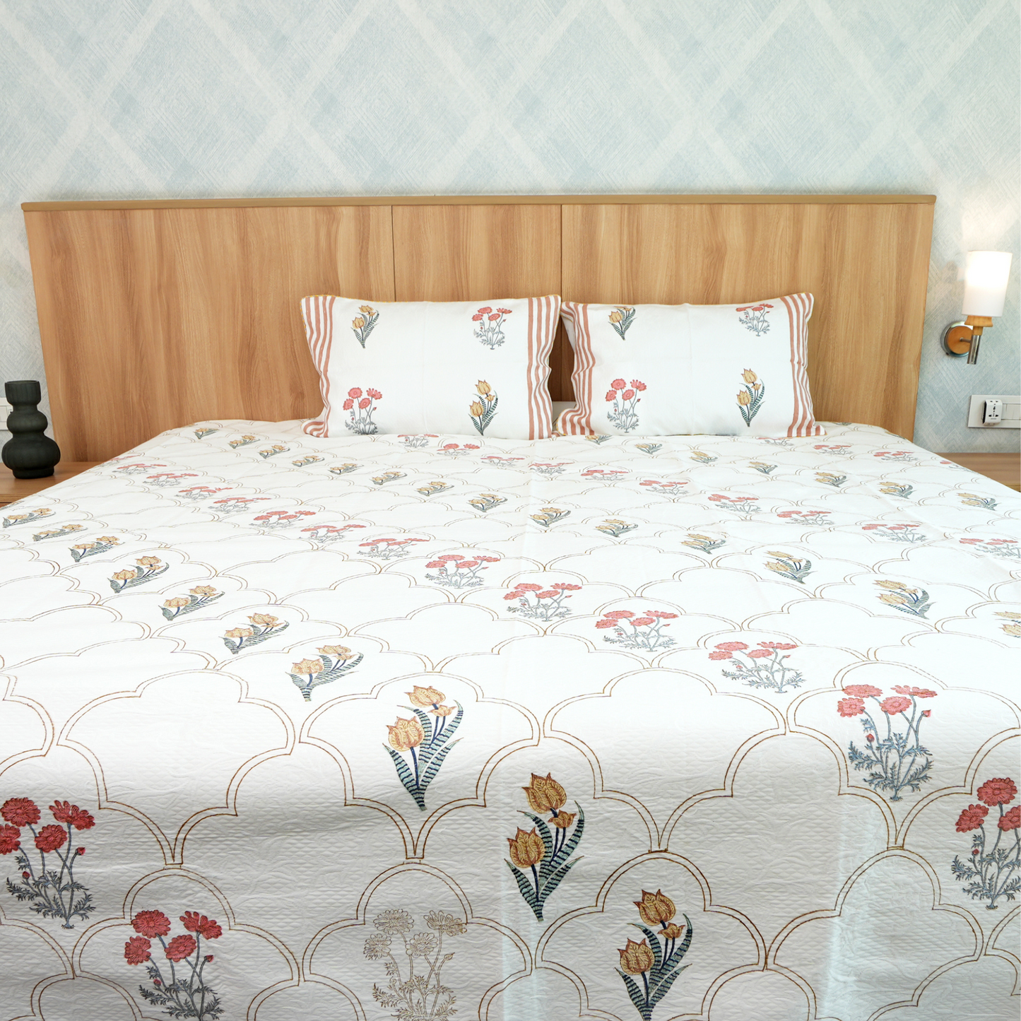 Bedsheet | Cotton Handblock Jaquard Quilted | Set of 3