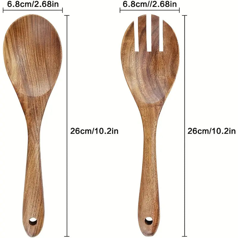2PCS Acacia Wood Salad Spoons – Long-Handled Mixing Fork & Spoon Kitchen Set