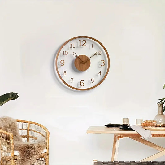 Silent Floating Wall Clock - Minimalist Wood Grain Leaf Design