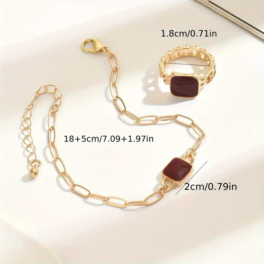 2pcs Vintage Street Style Women Jewelry Set, Iron Square Geometric Bracelet and Ring