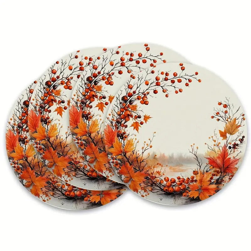 Round Linen Placemats - 4pcs Washable Rustic Berry Table Mats