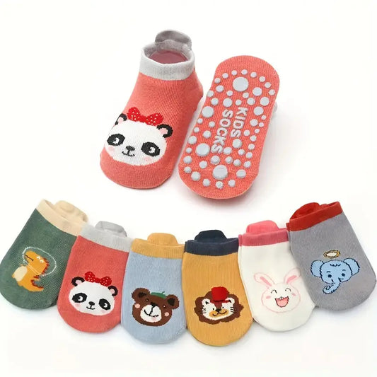 6 Pairs Cartoon Animal Socks | Non-Slip Cotton Toddler Socks with Grips