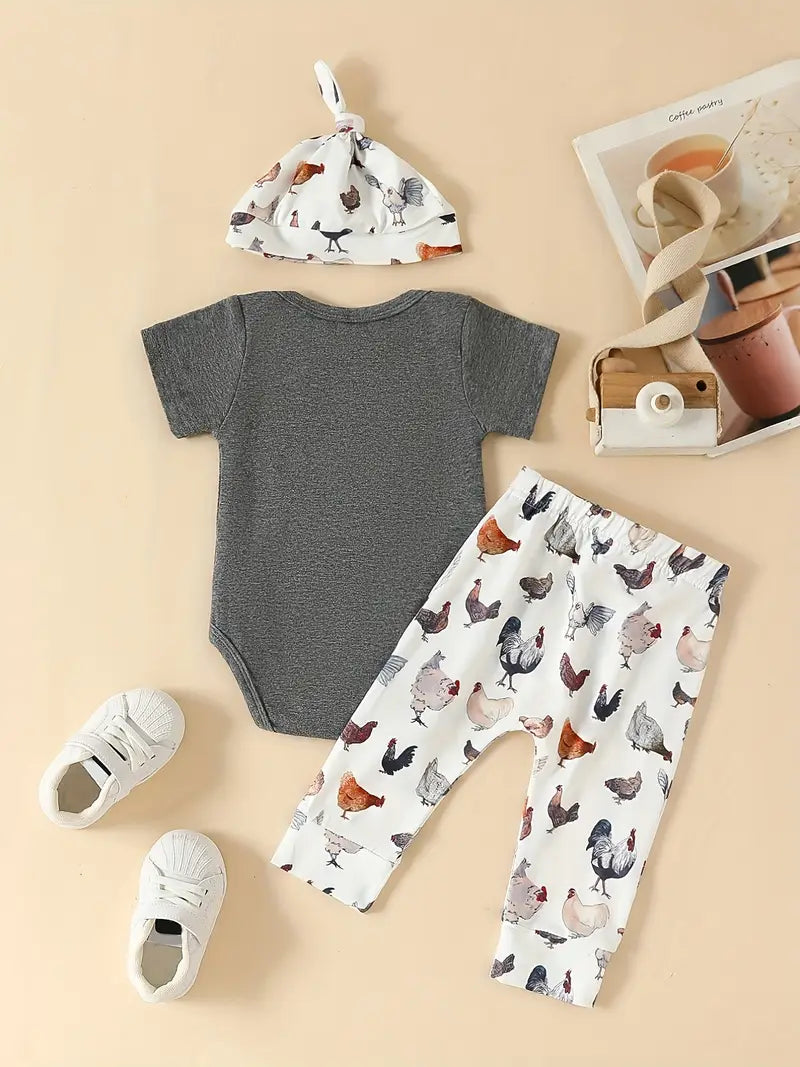 Cute Baby Boy Outfit | Hen Print Short Sleeve Onesie, Pants & Hat Set