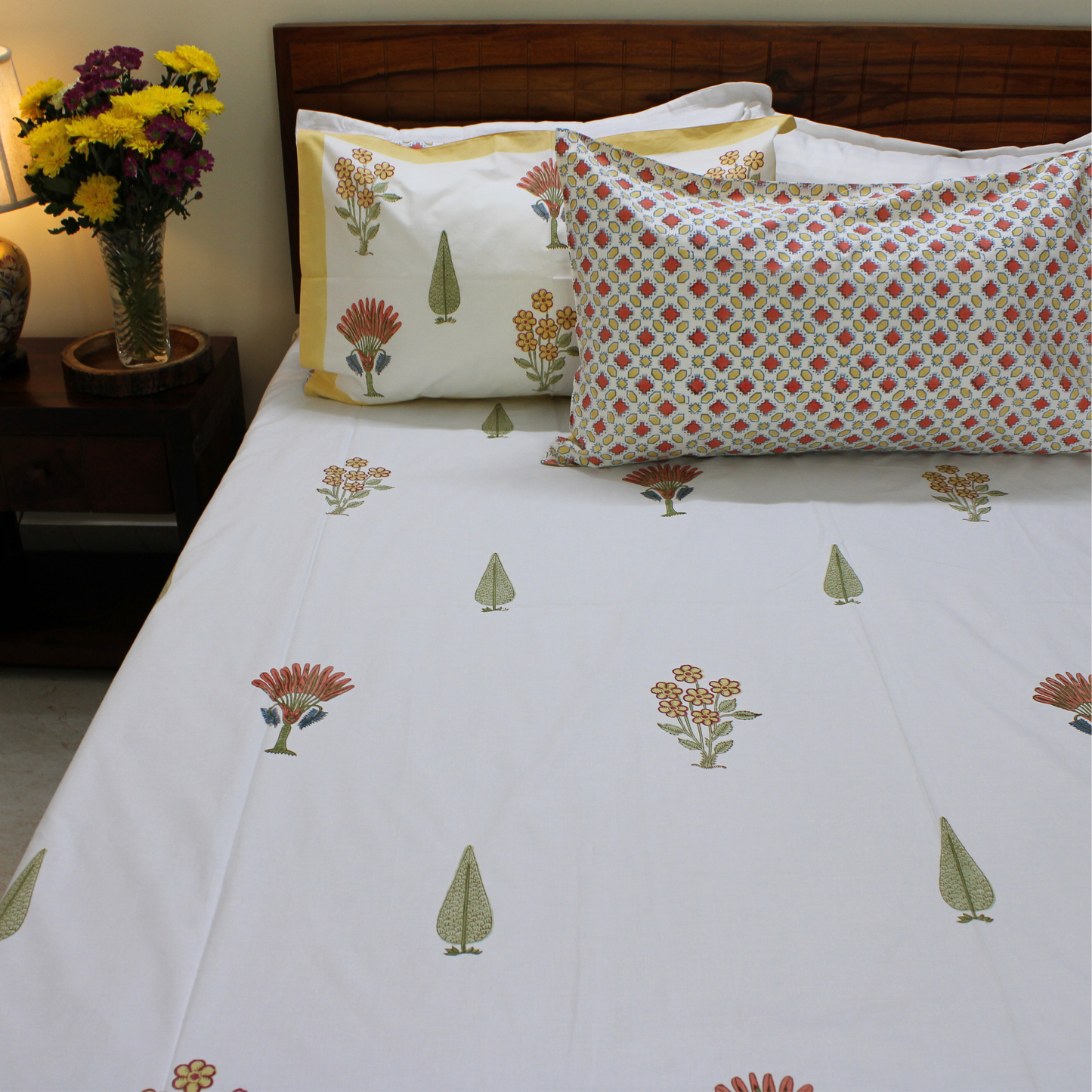 Bedsheet | Cotton Handblock Garden Print | Set of 3