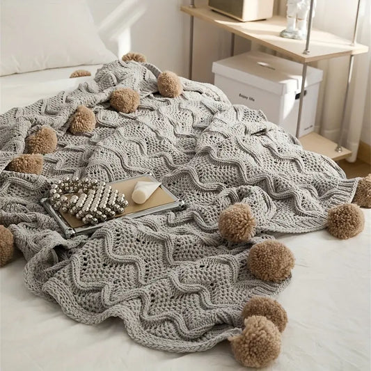 Beige Knit Throw Blanket with Pom Poms - Soft Sofa Bed Cover
