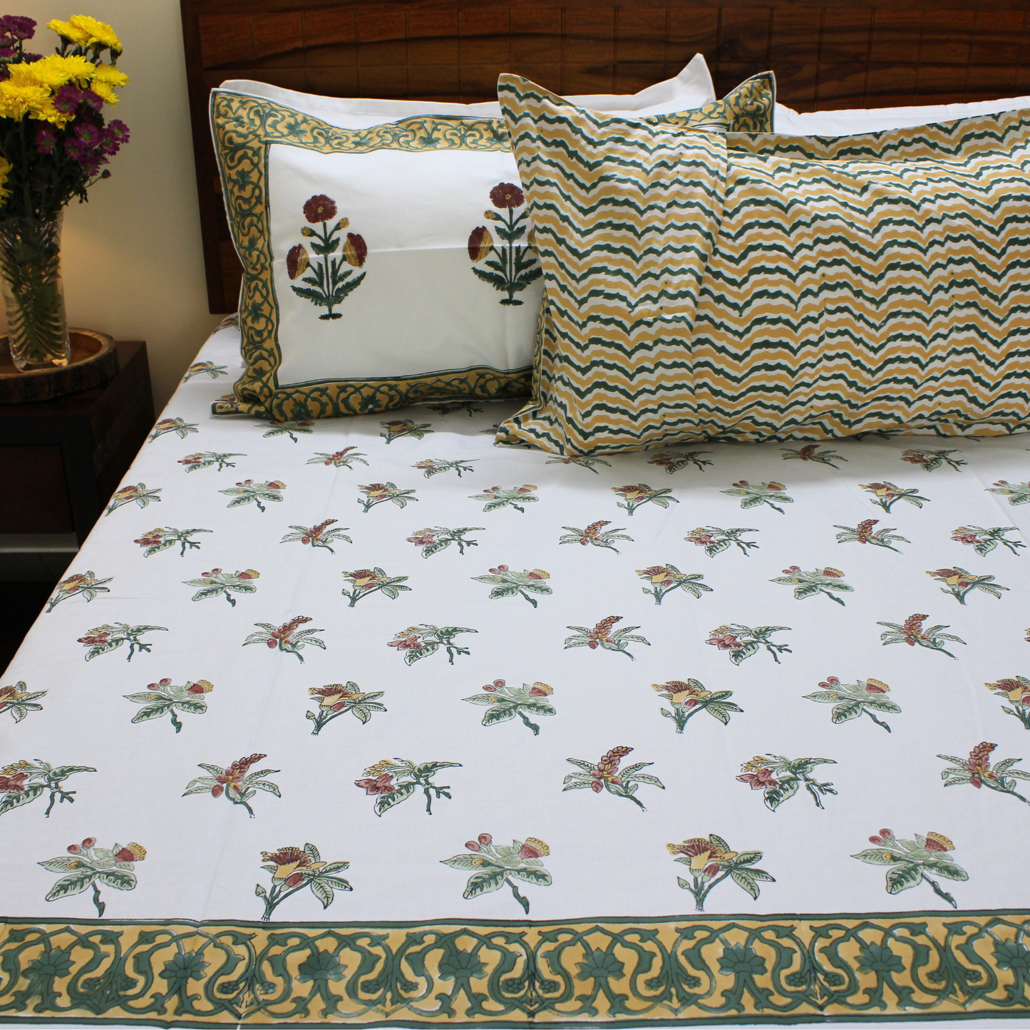Bedsheet | Cotton Handblock Garden Print | 3 Pc Set