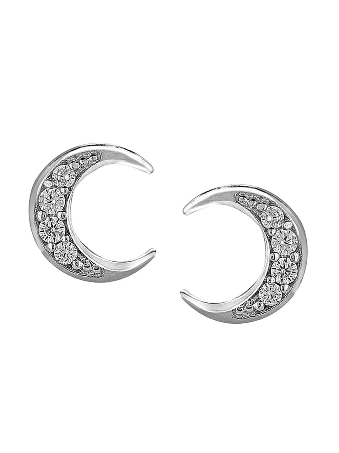 Silver-Toned Crescent Half Hoop Earrings – 925 Sterling Silver – Rhodium-Plated, CZ – 0.9cm
