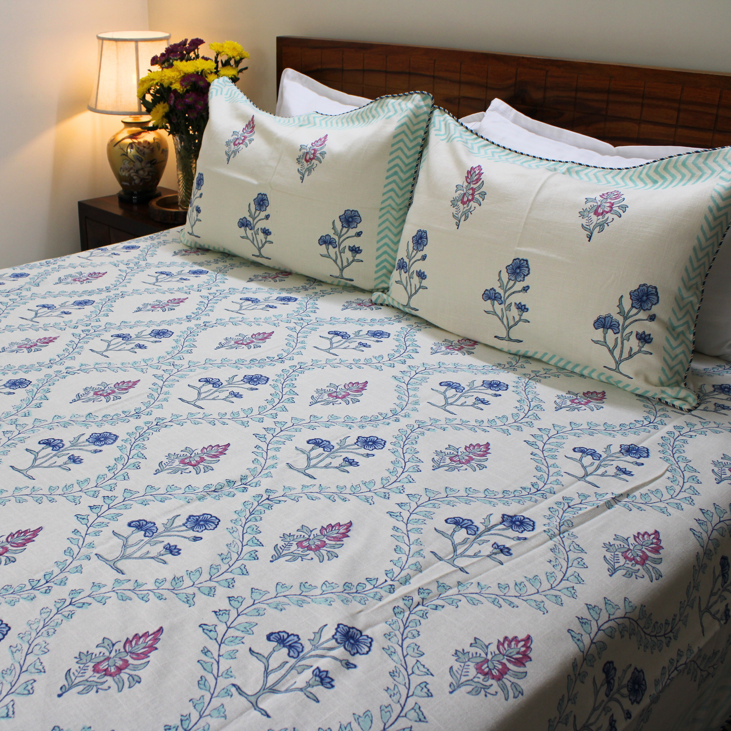 Bedsheet | Handblock Lotus Garden Indigo & Blush |  3 Pc Set