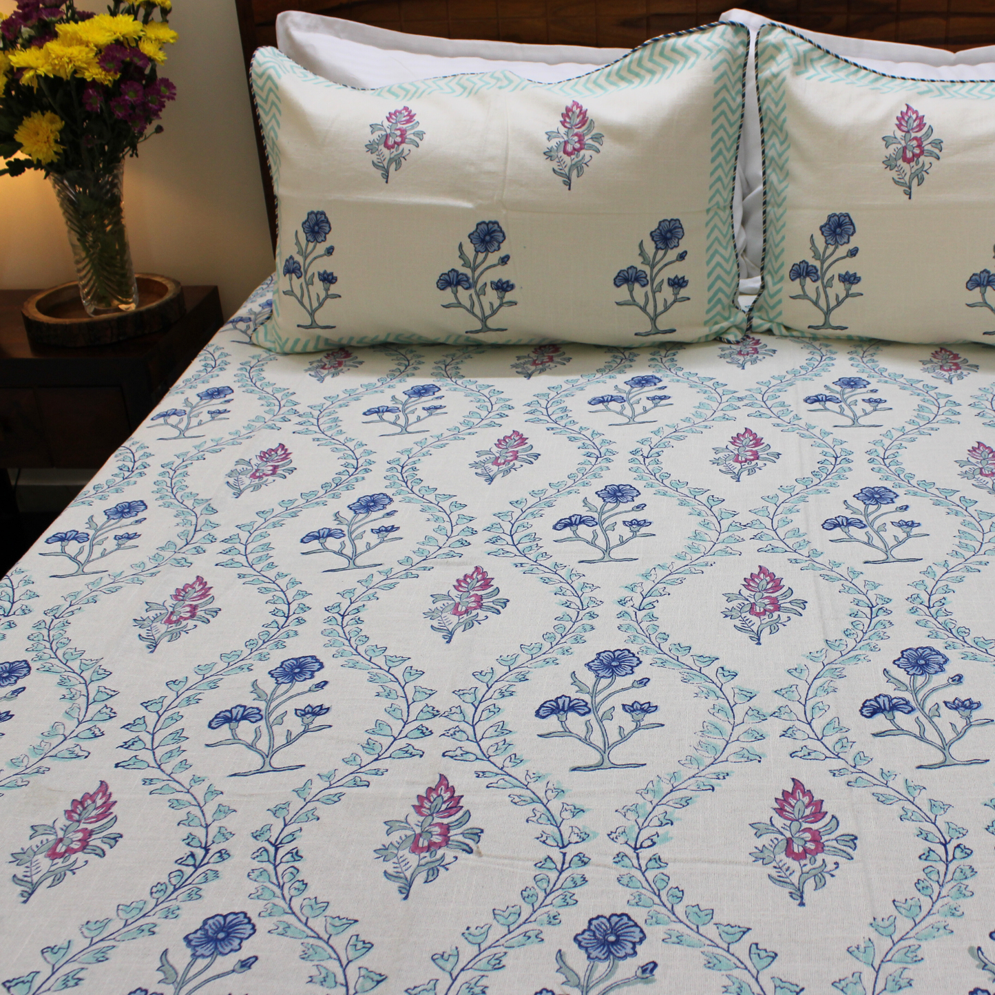 Bedsheet | Handblock Lotus Garden Indigo & Blush |  3 Pc Set