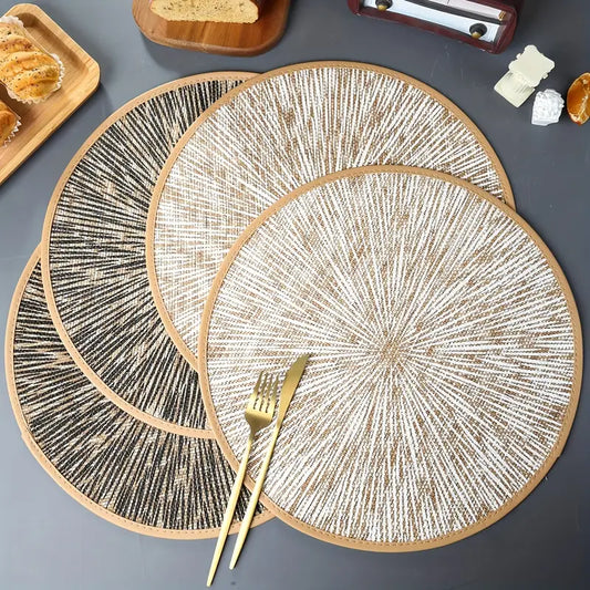 4PC Jute Firework Placemats – Handwoven Round Mats with Leather Edging