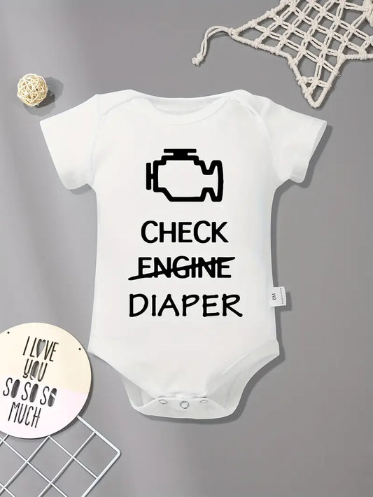 Baby Boy’s Check Engine Onesie - Casual Crew Neck Bodysuit with Engine Doodle Print for Infants