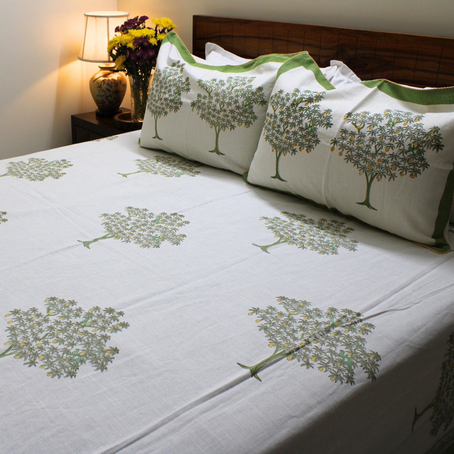 Bedsheet | Cotton Slub Handblock Lotus Garden | Set of 3